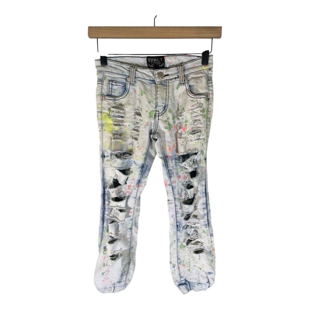 Thrill Jeans Girls Distressed Shredded Trendy Size 8 Unique Cool Paint Splatter - Picture 2 of 11